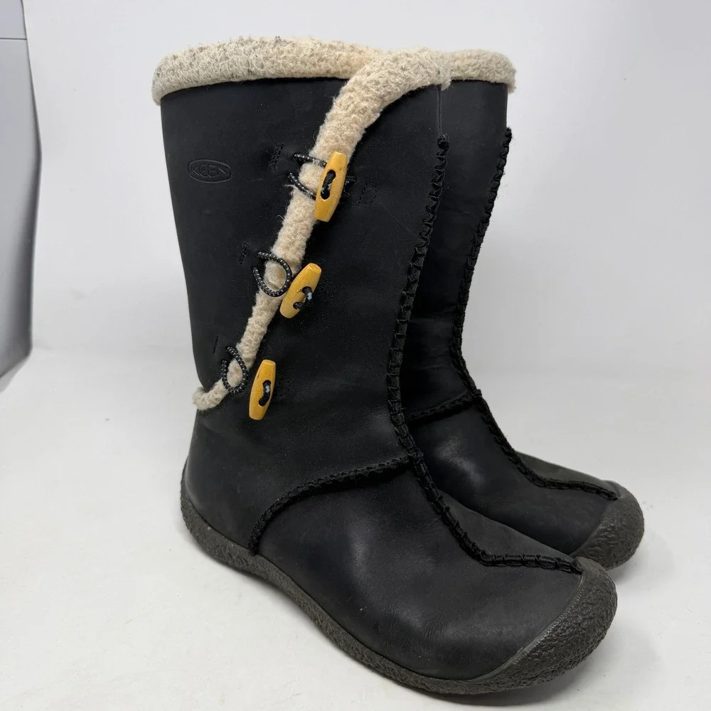 Keen Womens Black Leather Shearling Lined Toggle Boots Size 8 5361-BLCK